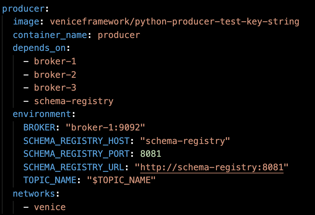 code snippet of the producer service in the default docker-compose.yml file