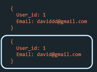 Two event objects. One has the email adddress 'daviddd@gmail.com'; the other, 'david@gmail.com'. A box around the second indicates it will be preserved.